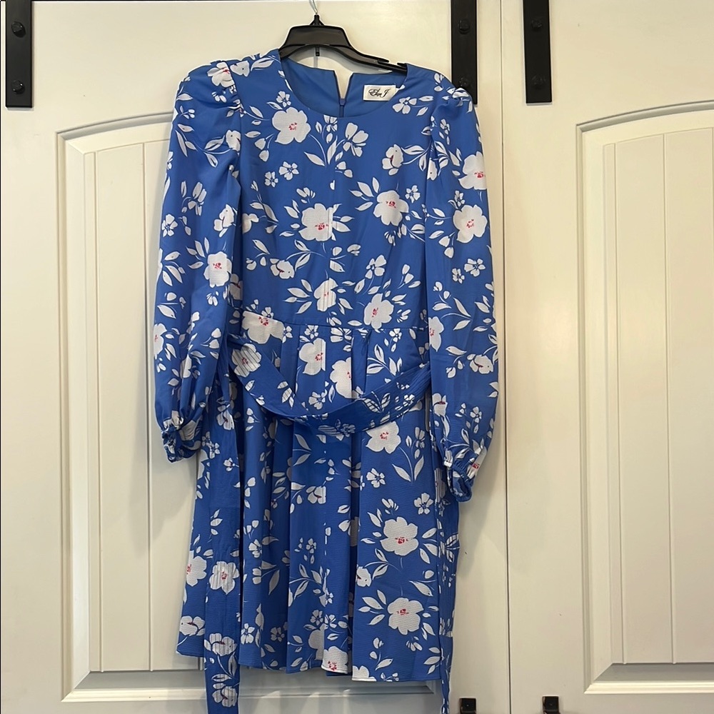 Floral Blue Dress with White and Pink Accents